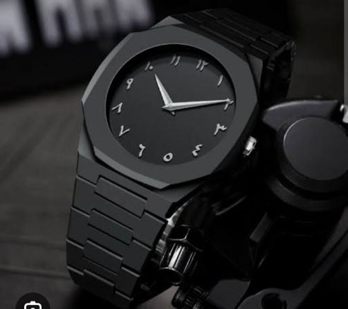"Full Black Aura Quartz Watch - side view showing premium black finish"
